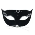 Black flocked cat mask with rhinestones and pearl nose for Halloween cosplay party 1pc - Cat Face Mask (2)