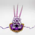 Purple masquerade mask with sequin flower gold lace and decorative sticks for party costume. - One Size / Purple