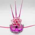 Pink masquerade mask with glitter flower, tall spikes and silver lace trim for party. - One Size / Rose Red
