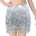 Sparkly silver sequin fringe skirt belly dance hip scarf festival party dance costume wear. - One Size / Bottoms / Silver