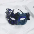 Retro half-face masquerade mask for men, black and blue swan design with glitter and pearls. - Black Blue