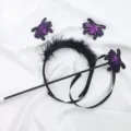 Set de disfraz de Halloween con diadema de plumas negras y varita de araña con lentejuelas - Juego de Diadema y Varita (Pluma Negra y Araña Morada)