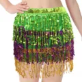Vibrant sequin belly dance hip scarf fringe skirt sparkling festival party dancing apparel - One Size / Bottoms / Green Purple Gold