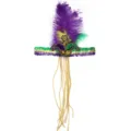 Diadema de plumas para Mardi Gras con lentejuelas moradas y borlas de cuentas doradas - Gorros con plumas y cuentas