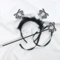 Set de diadema de araña negra y varita mágica de Halloween para fiestas y disfraces - Juego de Diadema y Varita (Araña de Tela con Borde Plateado)