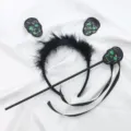 Diadema de calavera con lentejuelas negras de Halloween y juego de varitas a juego - Juego de Diadema y Varita (Calavera Negra y Verde Fluorescente)