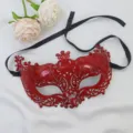 Red hollow half face masquerade mask with black ribbon for party Halloween costume accessory. - Spray Painted Fox / Red