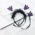 Set de disfraz de diablo Halloween con diadema de plumas negras y varita tridente morada - Juego de Diadema y Varita (Tridente Clásico Negro y Morado)