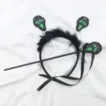 Diadema de plumas negras de Halloween y set de varita mágica de monstruo con lentejuelas - Juego de Diadema y Varita (Cara de Fantasma Gritando de Lentejuelas Verdes)