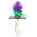 Farbenfrohes Mardi Gras Pailletten-Stirnband mit lila und grünen Federn. - Upgrade-Federstirnband – Hut-Modell