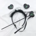 Diadema de corazón con lentejuelas negras y varita mágica para disfraz de fiesta Halloween - Juego de Diadema y Varita (Corazón Negro con Cruz Verde)