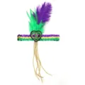 Mardi Gras Pailletten-Stirnband mit lila und grünen Federn und goldenen Perlenketten - Upgrade-Federstirnband – Herz-Modell