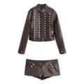 Brown faux leather cropped jacket and matching shorts set with stylish button details. - XS / Tops / Dark Brown