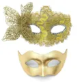 Vista dettagliata di maschere dorate con farfalla in pizzo e design a mezza maschera in PVC. - Set di maschere composite in PVC - Oro