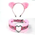 Cute pink cat ear headband and heart leather choker set for sweet cosplay and daily fashion. - Pink Headband + Heart Choker