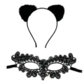 Black plush cat ear headband and lace eye mask set, cute hair hoop for party cosplay. - Black Set / Black Headband + Black Mask