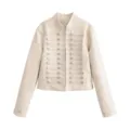Chic cropped faux leather jacket featuring military-style braided cord loops and metallic buttons. - XS / Tops / Beige