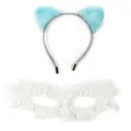 Japanese cute plush cat ear headband and white lace mask set for cosplay parties and daily wear. - Blue Set / Blue Headband + White Mask