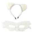 White fluffy cat ears headband and lace mask set cute animal hair hoop party costume - White Set / White Headband + White Mask