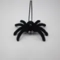 Halloween black flocked spider hanging decoration with rope scary plush prop ornament - Black Style with White Rhinestone Eyes / 1 Piece