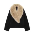 Stylish women's black short jacket with luxurious beige faux fur collar for autumn winter. - XS / Tops / Black