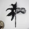 Handheld masquerade mask black feather silver glitter party eye mask for women costume. - Detachable Feather Tassel / Silver