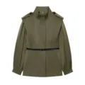Giacca verde da donna con colletto alto e cintura minimalista elegante capo superiore. - Taglia S / Verde militare