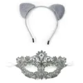 Grey plush cat ear headband and lace mask set, cute Japanese style party costume accessory. - Gray Headband + Gray Mask