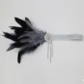 1920s Feather Headband Black Gatsby Rhinestone Fringe Elastic Hair Band Flapper Piece - Rhinestone Tassel Slanted Feather / Silver