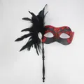 Handheld Masquerade Feather Mask Red Glitter Half Face Party Mask with Tassel Prop - Red Black Glitter Handheld Mask (4)