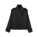 Women's black cropped double breasted trench coat featuring a waist belt and chic high collar. - Black