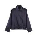 Women Navy Blue Cropped Trench Coat High Collar Belted Double Breasted Outerwear Detail - Dark Blue