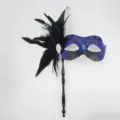 Masquerade party princess half face mask with black feather rhinestone and detachable handle. - Bright Blue Glitter Handheld Mask (3)