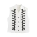 Women's elegant white sleeveless vest featuring black knot embroidery and chic front metal buttons. - S / White