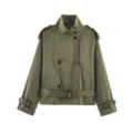 Army green cropped trench jacket for women, double breasted with belt and stand collar. - XS / Army Green