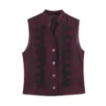 Burgundy sleeveless vest with black rope knot trim, front buttons, and stand collar style. - S / Dark Red