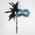 Masquerade half face mask with black feathers, blue glitter and rhinestones on stick. - Blue Black Glitter Handheld Mask (2)
