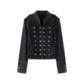 Women's black washed denim jacket with stand collar and military style metal knot buttons. - XS / Tops / Black