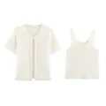 Weißer Strickcardigan und Trägershirt im Set mit Metallicfaden und Pailletten für Damen. - S / Set / Weiß