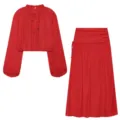 Red long sleeve blouse and pleated skirt two-piece set for women fashion daily wear size S - XS / Set / Red