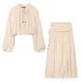 Women's two-piece set long sleeve ruffle blouse and pleated midi skirt casual chic outfit - XS / Set / Beige