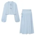 Detailed view of light blue ruffled long sleeve top and matching maxi skirt set. - XS / Set / Light Blue