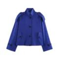 Blue cropped jacket for women, featuring a chic stand collar, shoulder epaulets, and buttons. - XS / Blue