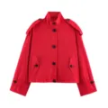 Red cropped trench jacket for women, stylish lapel collar, long sleeves, chic black buttons. - XS / Red