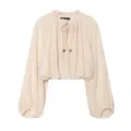 Close up detail view of women solid color beige ruffle collar long lantern sleeve blouse top in summer - XS / Tops / Beige