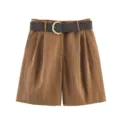 Pantalones cortos casuales marrones de tiro alto con pliegues para mujer con cinturón moda - XS / Marrón Claro