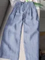 Women Summer Casual Linen Cotton Wide Leg Pants High Waist Drawstring Trousers Blue - Light Blue