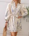 Bohemian floral print long sleeve V-neck dress detail view, elegant women dress with waist belt. - S / Dress (FY022) / Khaki