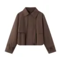 Brown cropped trench jacket detail showing lapel collar, raglan sleeves and button cuffs. - XS / Dark Brown