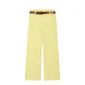 Détail de pantalon large jaune, pantalon casual taille haute avec ceinture marron. - XS / Jaune